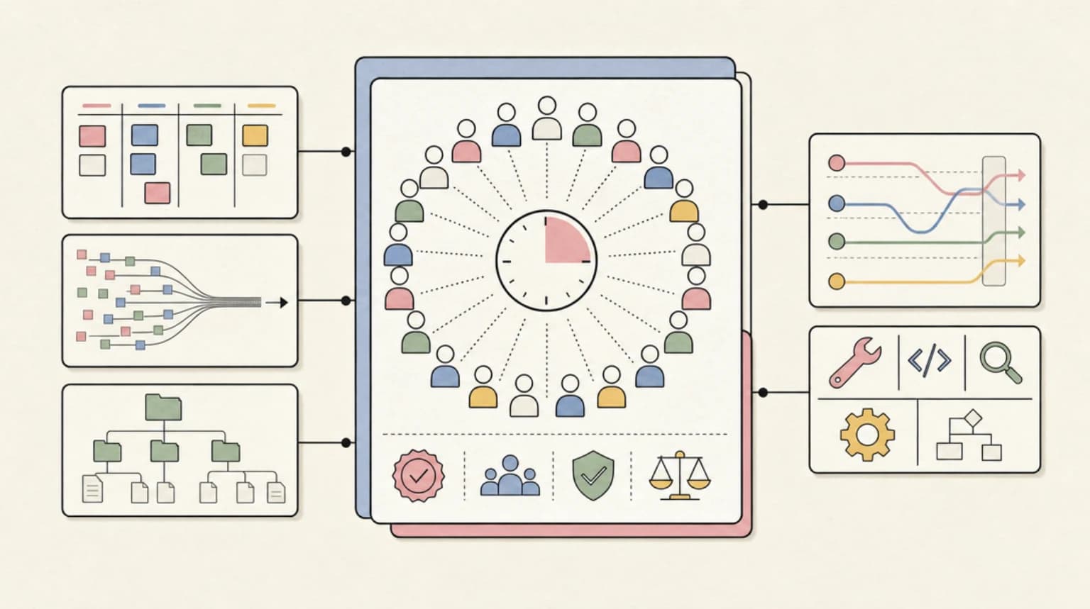 Abstract systems illustration for How FrontierCode Is Different - 20+ Maintainers, 40+ Hours Per Task