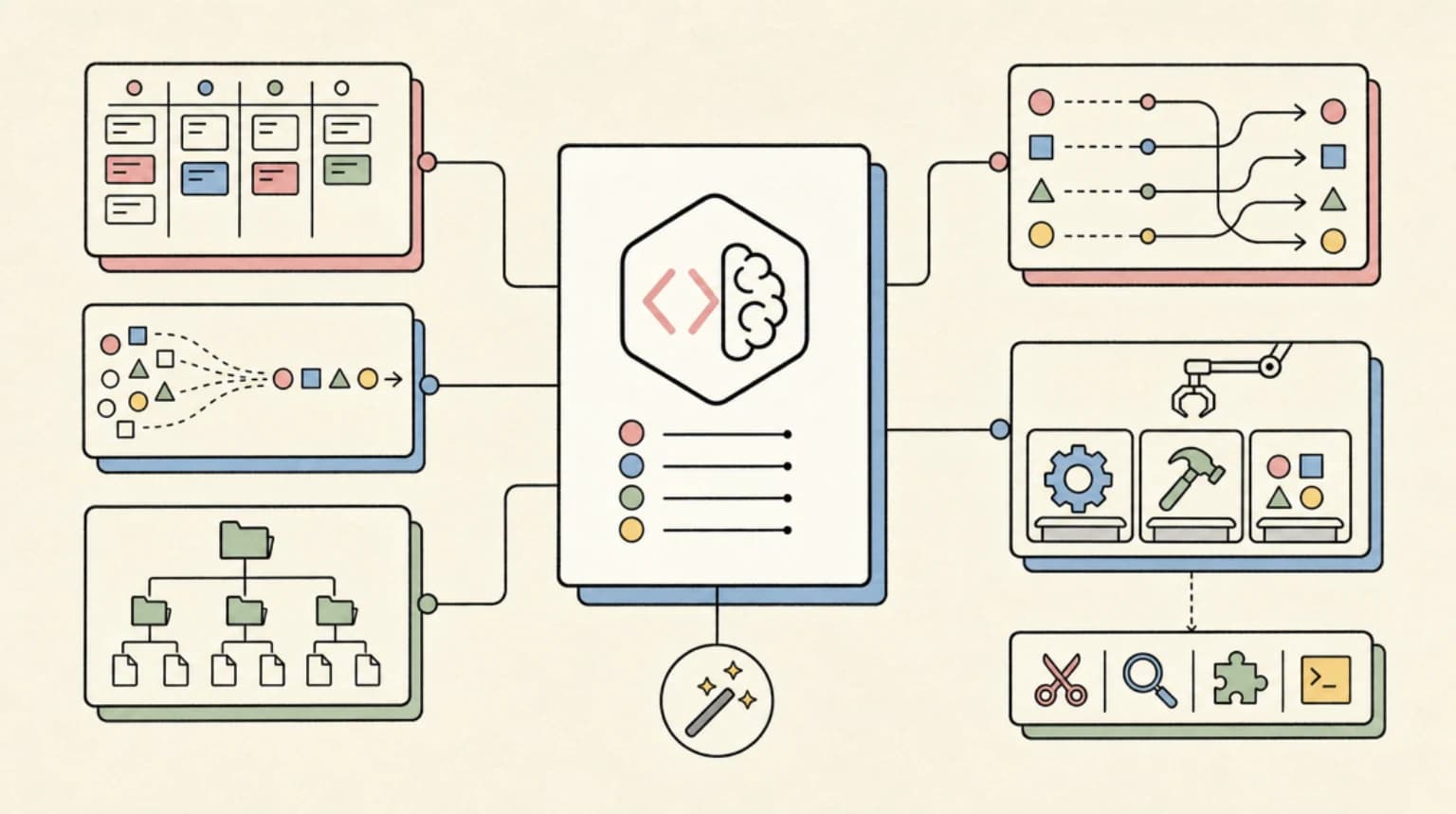 Abstract systems illustration for Karpathy-style agent rules