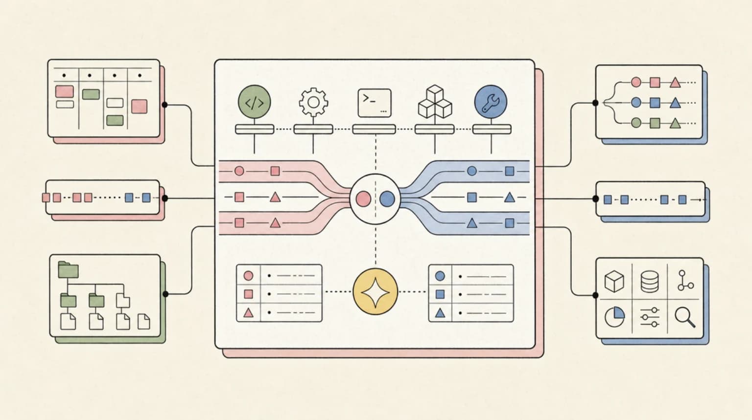 Abstract systems illustration for Tooling: Claude Code Defaults and the OpenAI Surface Area